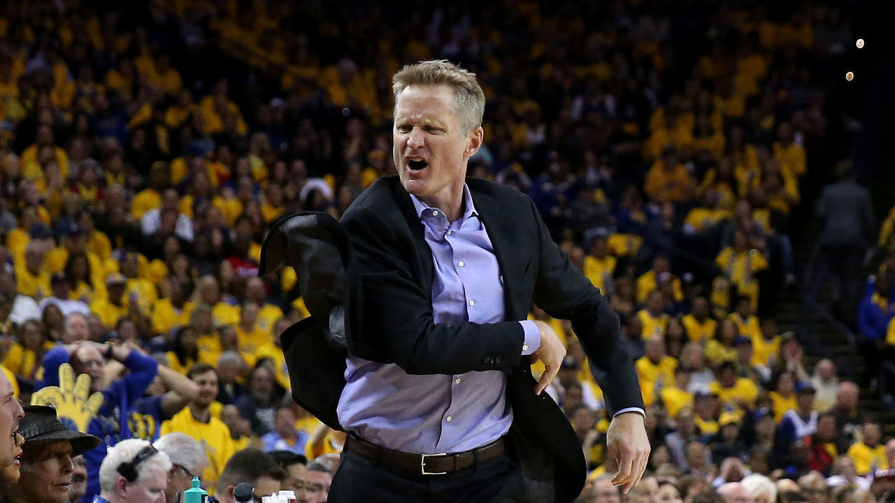 OAKLAND, CALIFORNIA - APRIL 15: Head coach Steve Kerr of the Golden State Warriors reacts to a call during their game against the LA Clippers during Game Two of the first round of the 2019 NBA Western Conference Playoffs at ORACLE Arena on April 15, 2019 in Oakland, California.