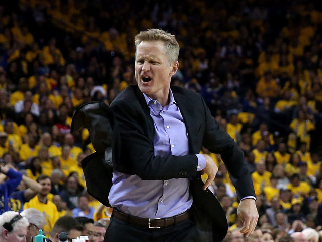 OAKLAND, CALIFORNIA - APRIL 15: Head coach Steve Kerr of the Golden State Warriors reacts to a call during their game against the LA Clippers during Game Two of the first round of the 2019 NBA Western Conference Playoffs at ORACLE Arena on April 15, 2019 in Oakland, California.