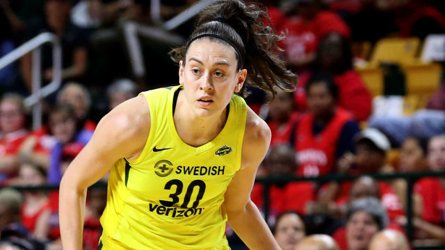 FAIRFAX, VA - SEPTEMBER 12: Breanna Stewart #30 of the Seattle Storm dribbles the ball against the Washington Mystics during game three of the WNBA Finals at EagleBank Arena on September 12, 2018 in Fairfax, Virginia.