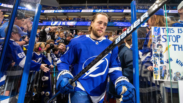 TAMPA, FL - APRIL 10: Victor Hedman #77 of the Tampa Bay Lightning gets ready for the game against the Columbus Blue Jackets in Game One of the Eastern Conference First Round during the 2019 NHL Stanley Cup Playoffs at at Amalie Arena on April 10, 2019 in Tampa, Florida.