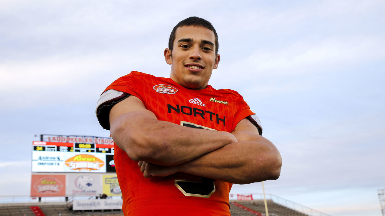 MOBILE, AL - JANUARY 26: Wide receiver Andy Isabella #5 of Massachusetts of the North Team pose at mid-field after the 2019 Resse's Senior Bowl at Ladd-Peebles Stadium on January 26, 2019 in Mobile, Alabama. The North defeated the South 34 to 24.