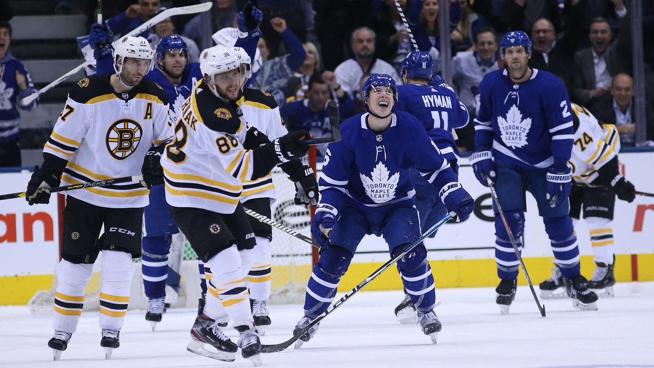 TORONTO, ON- APRIL 15 - Toronto Maple Leafs right wing Mitchell Marner (16) grimaces after blocking a shot in the final seconds as the Toronto Maple Leafs play the Boston Bruins in game three of the first round play-off series in Toronto. April 15, 2019. (Steve Russell/Toronto Star via Getty Images)