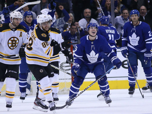 TORONTO, ON- APRIL 15 - Toronto Maple Leafs right wing Mitchell Marner (16) grimaces after blocking a shot in the final seconds as the Toronto Maple Leafs play the Boston Bruins in game three of the first round play-off series in Toronto. April 15, 2019. (Steve Russell/Toronto Star via Getty Images)