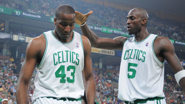 BOSTON - APRIL 23: Kevin Garnett #5 and Kendrick Perkins #43 of the Boston Celtics acknowledge each other during the game against the Atlanta Hawks in Game Two of the Eastern Conference Quarterfinals during the 2008 NBA Playoffs at TD Banknorth Garden on April 23, 2008 in Boston, Massachusetts. Mandatory Copyright Notice: Copyright 2008 NBAE