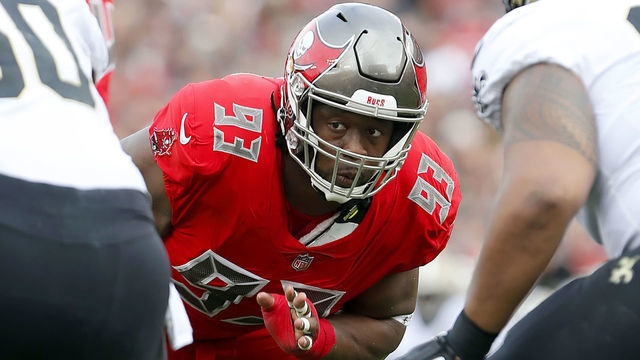 TAMPA, FL - DEC 09: Gerald McCoy (93) of the Bucs rushes the passer during the during the regular season game between the New Orleans Saints and the Tampa Bay Buccaneers on December 09, 2018 at Raymond James Stadium in Tampa, Florida.