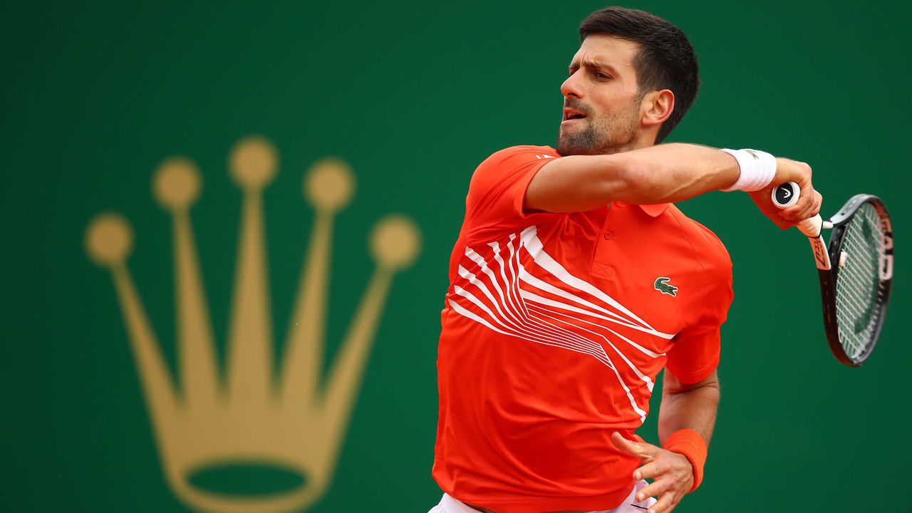 MONTE-CARLO, MONACO - APRIL 16: Novak Djokovic of Serbia plays a forehand against Philipp Kohlschreiber of Germany in their second round match during day 3 of the Rolex Monte-Carlo Masters at Monte-Carlo Country Club on April 16, 2019 in Monte-Carlo, Monaco.