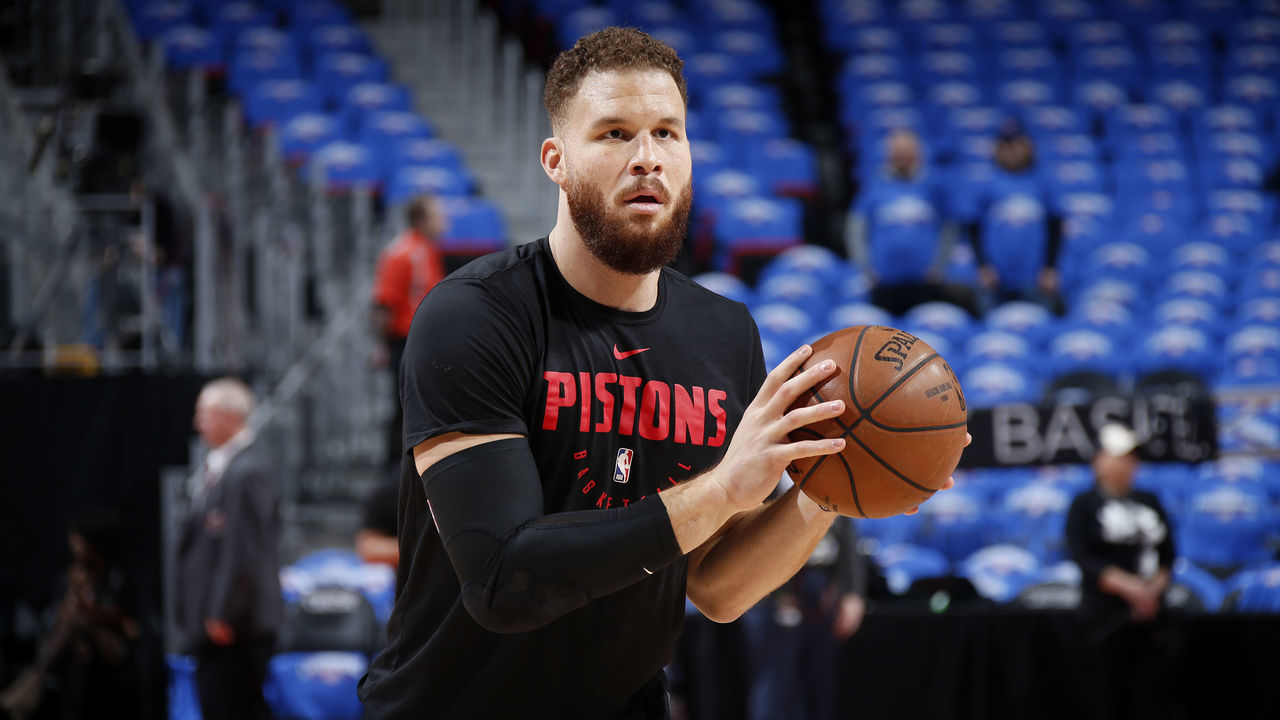 DETROIT, MI - MARCH 30: Blake Griffin #23 of the Detroit Pistons warms up before the game against the Portland Trail Blazers on March 30, 2019 at Little Caesars Arena in Detroit, Michigan. NOTE TO USER: User expressly acknowledges and agrees that, by downloading and/or using this photograph, User is consenting to the terms and conditions of the Getty Images License Agreement. Mandatory Copyright Notice: Copyright 2019 NBAE