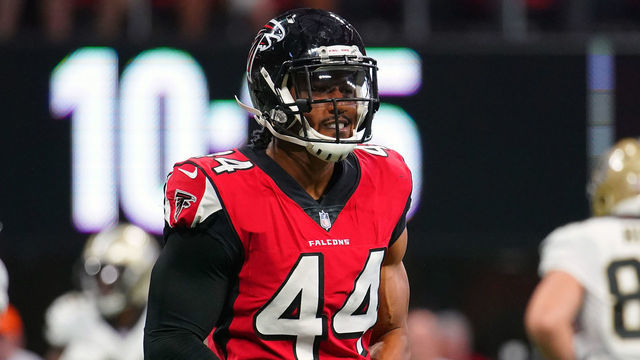 ATLANTA, GA - SEPTEMBER 23: Vic Beasley Jr. #44 of the Atlanta Falcons reacts to a sack during the game against the New Orleans Saints at Mercedes-Benz Stadium on September 23, 2018 in Atlanta, Georgia.