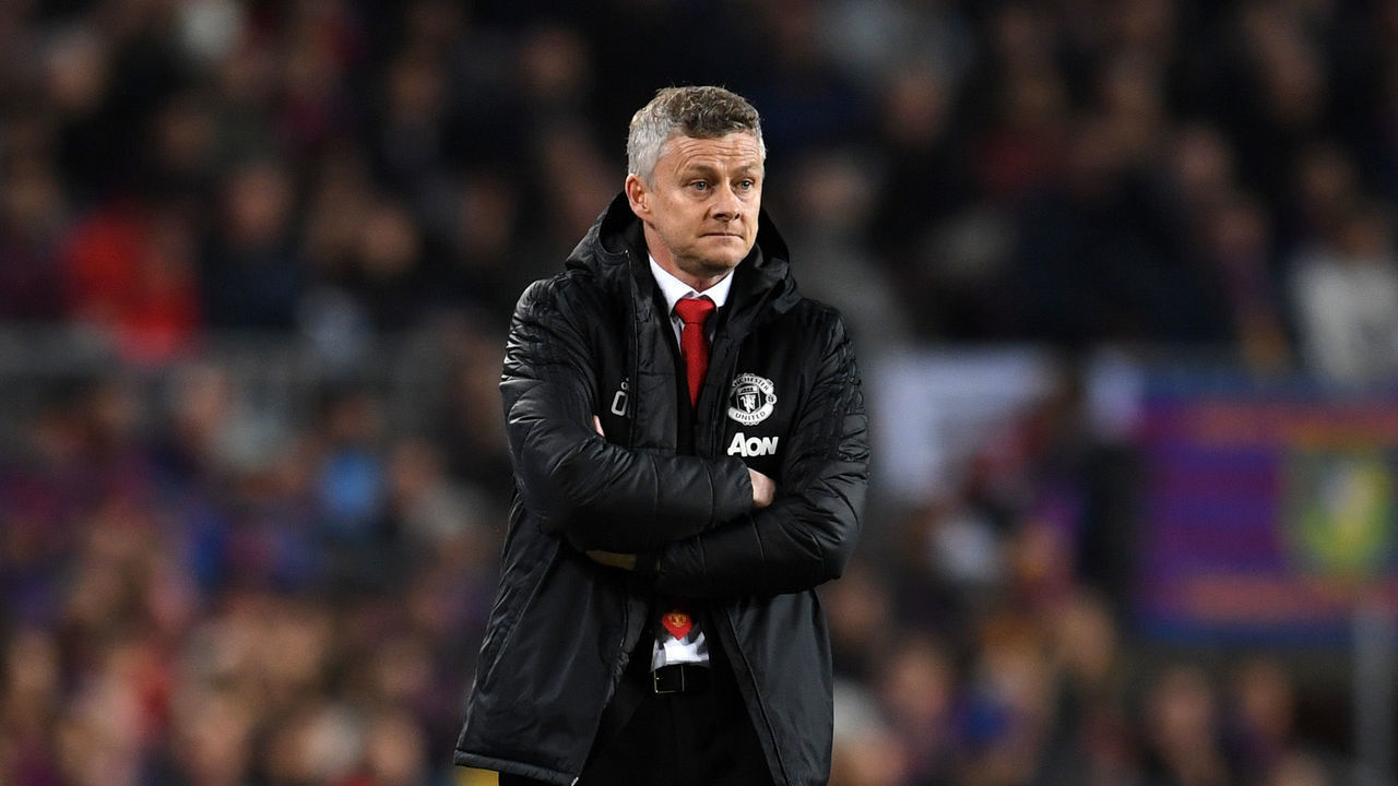 BARCELONA, SPAIN - APRIL 16: Ole Gunnar Solskjaer, Manager of Manchester United looks on during the UEFA Champions League Quarter Final second leg match between FC Barcelona and Manchester United at Camp Nou on April 16, 2019 in Barcelona, Spain.