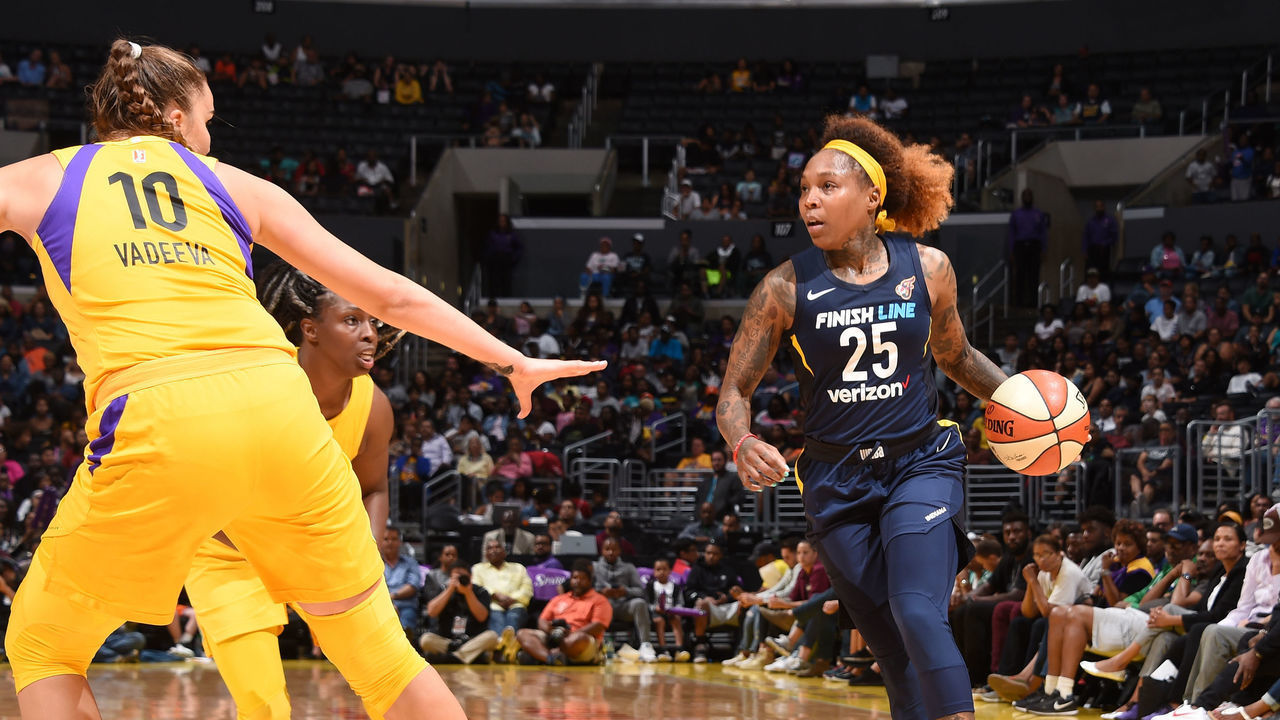 LOS ANGELES, CA - JULY 20: Cappie Pondexter #25 of the Indiana Fever handles the ball against the Los Angeles Sparks on July 20, 2018 at STAPLES Center in Los Angeles, California. Mandatory Copyright Notice: Copyright 2018 NBAE