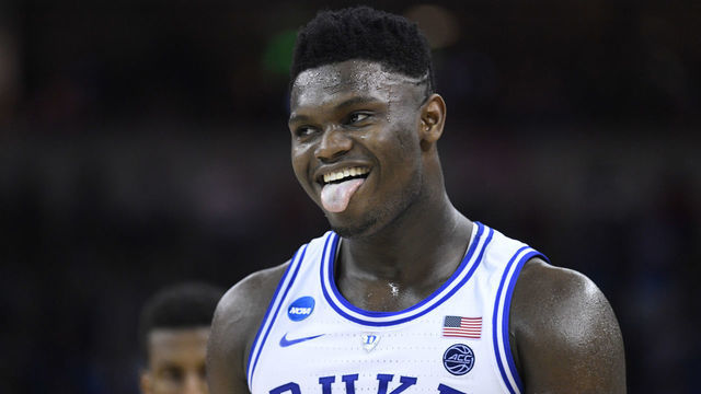 COLUMBIA, SC - MARCH 24: Zion Williamson #1 of the Duke Blue Devils reacts during their game against the UCF Knights in the second round of the 2019 NCAA Men's Basketball Tournament held at Colonial Life Arena on March 24, 2019 in Columbia, South Carolina.