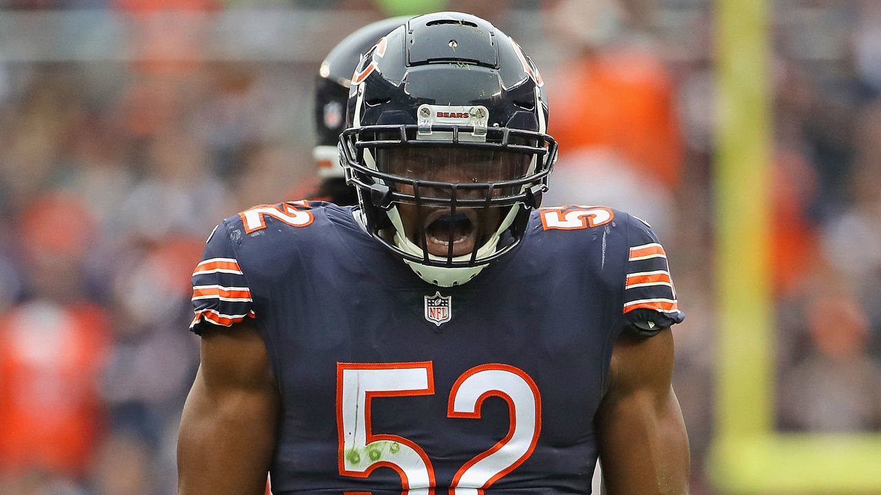 CHICAGO, IL - SEPTEMBER 30: Khalil Mack #52 of the Chicago Bears celebrates a strip sack against the Tampa Bay Buccaneers at Soldier Field on September 30, 2018 in Chicago, Illinois. The Bears defeated the Buccaneers 48-10.