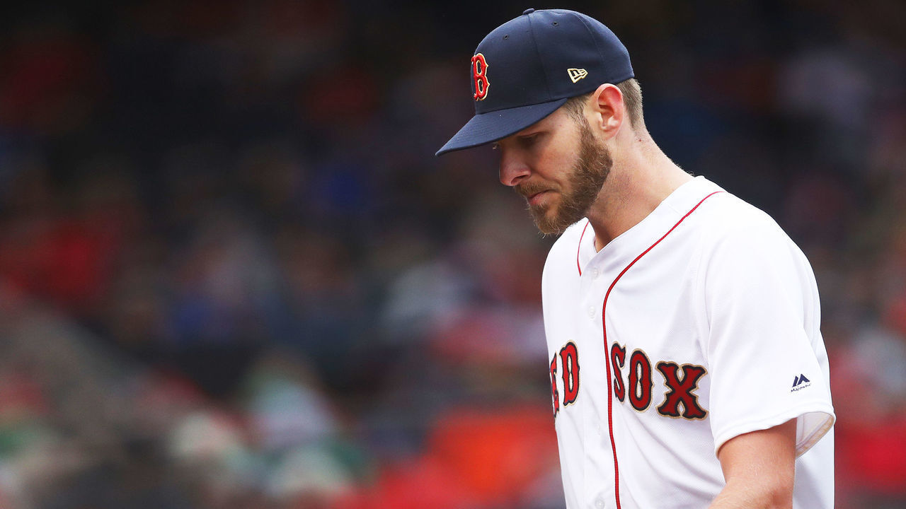 BOSTON, MASSACHUSETTS - APRIL 09: Chris Sale #41 of the Boston Red Sox returns to the dugout after pitching during the second inning of the Red Sox home opening game against the Toronto Blue Jays at Fenway Park on April 09, 2019 in Boston, Massachusetts.