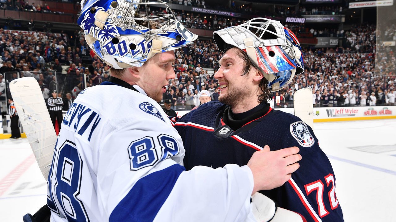 COLUMBUS, OH - APRIL 16: Goaltender Andrei Vasilevskiy #88 of the Tampa Bay Lightning and goaltender Sergei Bobrovsky #72 of the Columbus Blue Jackets talk following Game Four of the Eastern Conference First Round during the 2019 NHL Stanley Cup Playoffs on April 16, 2019 at Nationwide Arena in Columbus, Ohio. Columbus defeated Tampa Bay 7-3 to win the series 4-0.