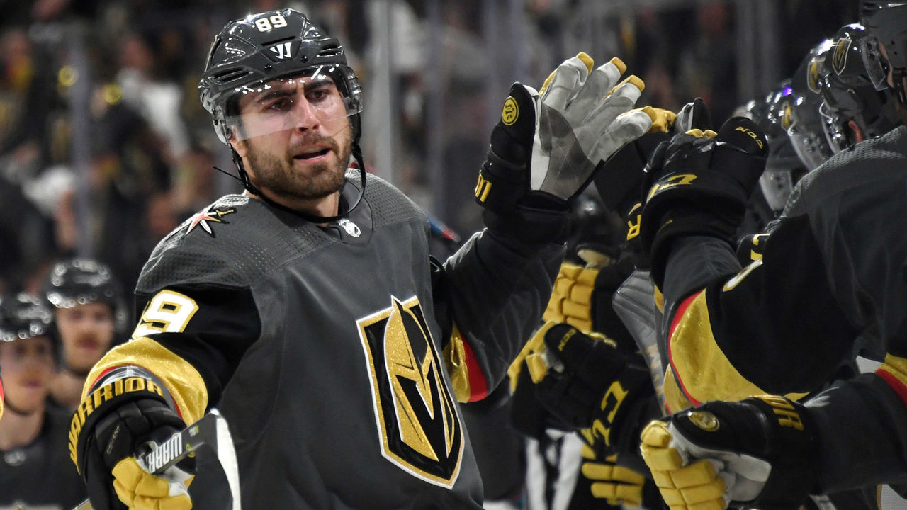 LAS VEGAS, NEVADA - APRIL 16: Alex Tuch #89 of the Vegas Golden Knightss celebrates with teammates on the bench after scoring a third-period goal against the San Jose Sharks in Game Four of the Western Conference First Round during the 2019 NHL Stanley Cup Playoffs at T-Mobile Arena on April 16, 2019 in Las Vegas, Nevada. The Golden Knights defeated the Sharks 5-0 to take a 3-1 lead in the series.