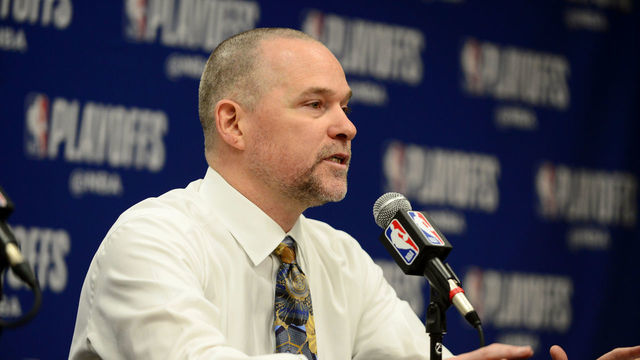 DENVER, CO - APRIL 16: Head Coach Michael Malone of the Denver Nuggets speaks with the media after Game Two of Round One of the 2019 NBA Playoffs on on April 16, 2019 at the Pepsi Center in Denver, Colorado. NOTE TO USER: User expressly acknowledges and agrees that, by downloading and/or using this Photograph, user is consenting to the terms and conditions of the Getty Images License Agreement. Mandatory Copyright Notice: Copyright 2019 NBAE