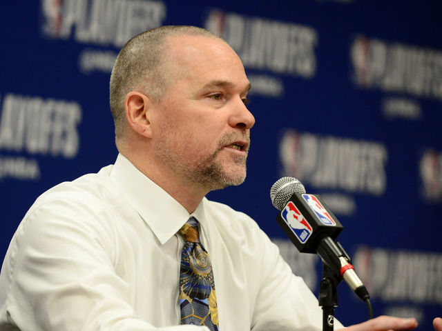 DENVER, CO - APRIL 16: Head Coach Michael Malone of the Denver Nuggets speaks with the media after Game Two of Round One of the 2019 NBA Playoffs on on April 16, 2019 at the Pepsi Center in Denver, Colorado. NOTE TO USER: User expressly acknowledges and agrees that, by downloading and/or using this Photograph, user is consenting to the terms and conditions of the Getty Images License Agreement. Mandatory Copyright Notice: Copyright 2019 NBAE