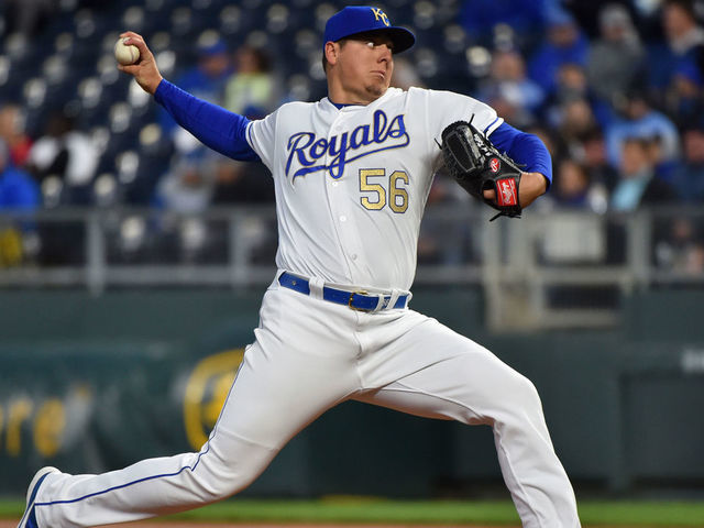 KANSAS CITY, MISSOURI - APRIL 12: Starting pitcher Brad Keller #56 of the Kansas City Royals throws in the second inning against the Cleveland Indians at Kauffman Stadium on April 12, 2019 in Kansas City, Missouri.