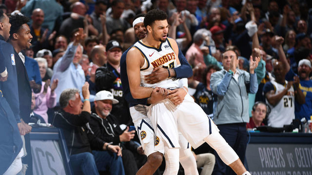 DENVER, CO - APRIL 16: Jamal Murray #27 of the Denver Nuggets reacts to a play during Game Two of Round One of the 2019 NBA Playoffs on on April 16, 2019 at the Pepsi Center in Denver, Colorado. NOTE TO USER: User expressly acknowledges and agrees that, by downloading and/or using this Photograph, user is consenting to the terms and conditions of the Getty Images License Agreement. Mandatory Copyright Notice: Copyright 2019 NBAE