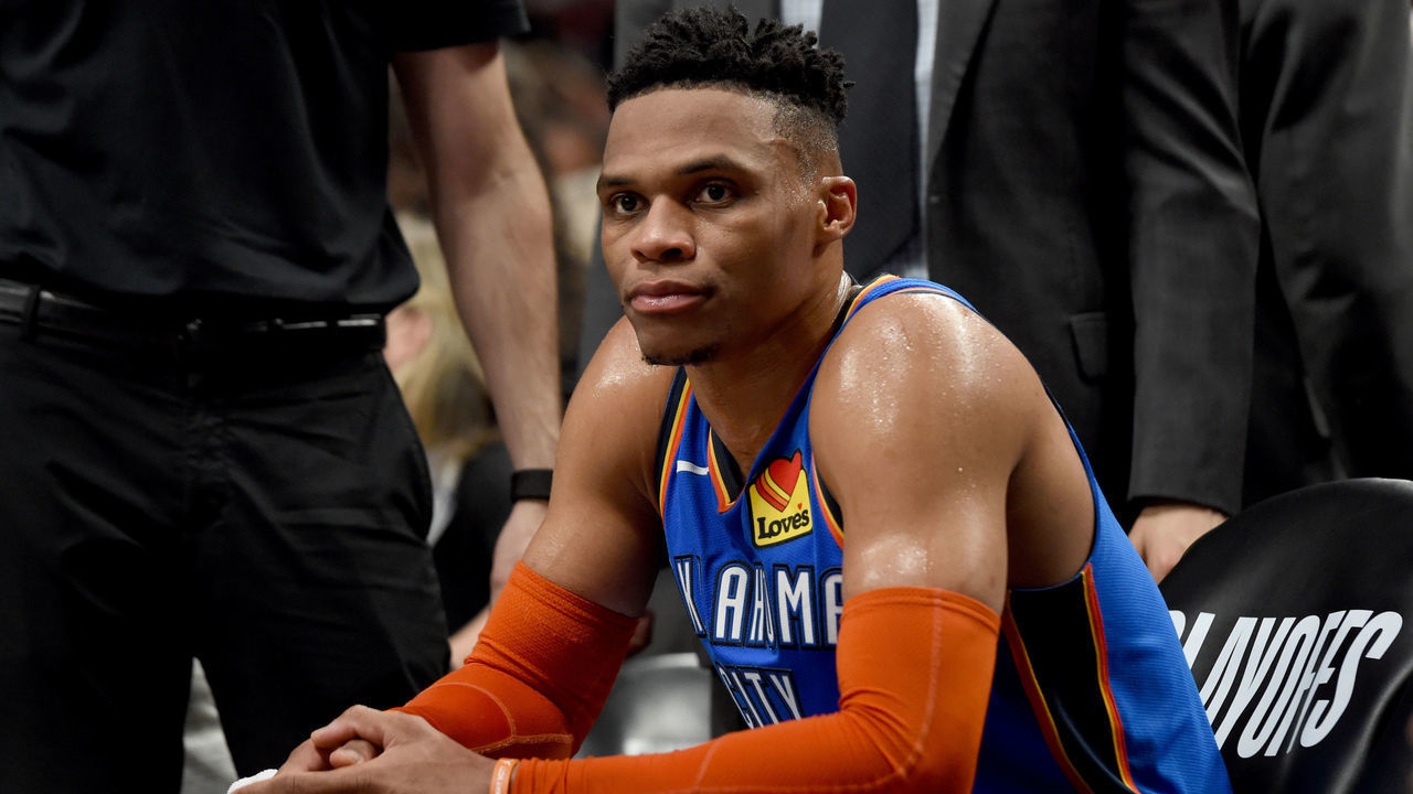 PORTLAND, OR - APRIL 16: Russell Westbrook #0 of the Oklahoma City Thunder looks on from the bench during the second half of Game Two of the Western Conference quarterfinals Portland Trail Blazers during the 2019 NBA Playoffs Moda Center on April 16, 2019 in Portland, Oregon. The Blazers won 114-94.