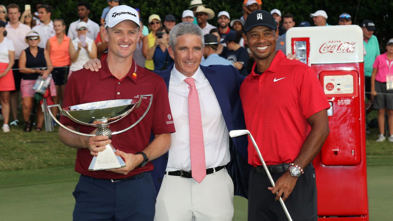 ATLANTA, GA - SEPTEMBER 23: PGA Commissioner Jay Monahan poses with Justin Rose and Tiger Woods after the final round of the Tour Championship on September 23, 2018, at East Lake Golf Club in Atlanta, GA.