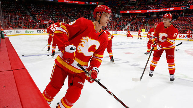 CALGARY, AB - APRIL 13: Juuso Valimaki #8 of the Calgary Flames skates before Game Two of the Western Conference First Round during the 2019 NHL Stanley Cup Playoffs against the Colorado Avalanche on April 13, 2019 at the Scotiabank Saddledome in Calgary, Alberta, Canada.