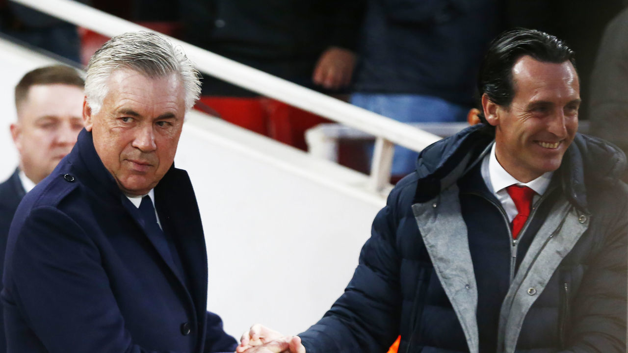 L-R Carlo Ancelotti Head Coach of S.S.C.Napoli shanks hands with Unai Emery manager of Arsenal during UEFA Europa League Quarter - Final 1st Leg between Arsenal and Napoli at Emirates stadium , London, United Kingdom on 11 Apr 2019.