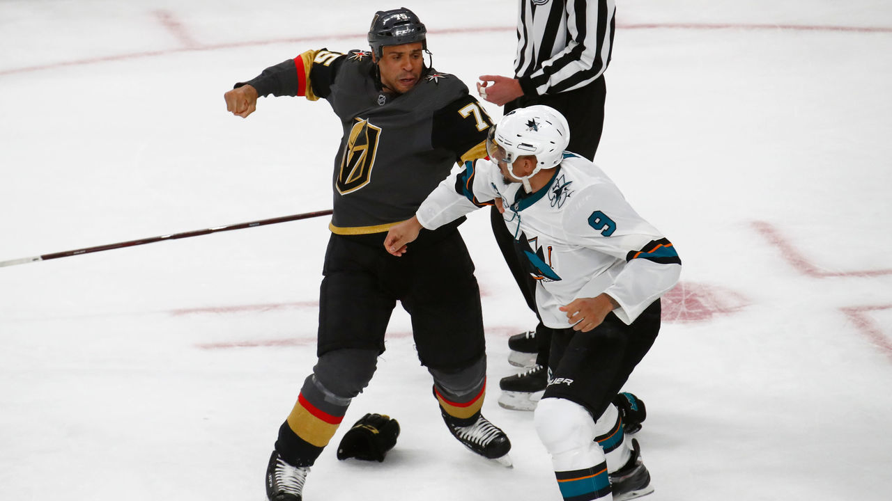 LAS VEGAS, NV - APRIL 14: Ryan Reaves (75) of the Vegas Golden Knights fights Evander Kane (9) of the San Jose Sharks during a Stanley Cup Playoffs first round game between the San Jose Sharks and the Vegas Golden Knights on April 14, 2019 at T-Mobile Arena in Las Vegas, Nevada.