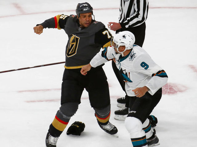 LAS VEGAS, NV - APRIL 14: Ryan Reaves (75) of the Vegas Golden Knights fights Evander Kane (9) of the San Jose Sharks during a Stanley Cup Playoffs first round game between the San Jose Sharks and the Vegas Golden Knights on April 14, 2019 at T-Mobile Arena in Las Vegas, Nevada.