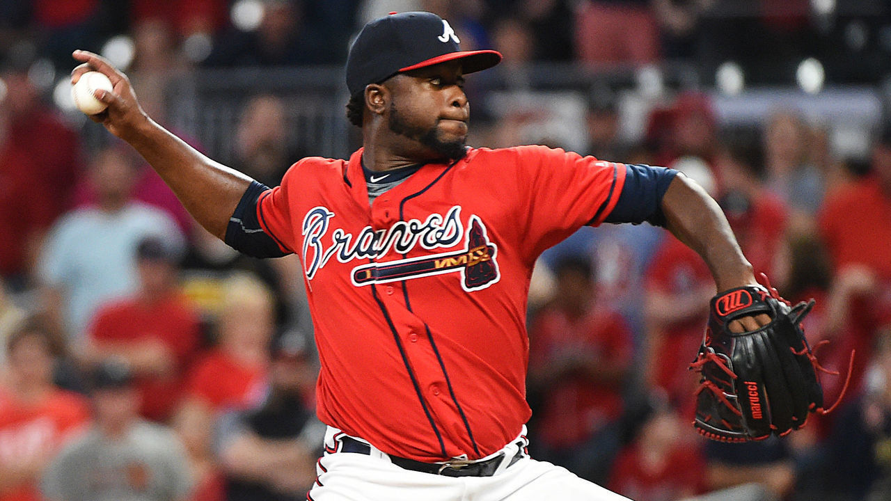 ATLANTA, GEORGIA - APRIL 05: Arodys Vizcaino #38 of the Atlanta Braves pitches against the Miami Marlins at SunTrust Park on April 05, 2019 in Atlanta, Georgia.