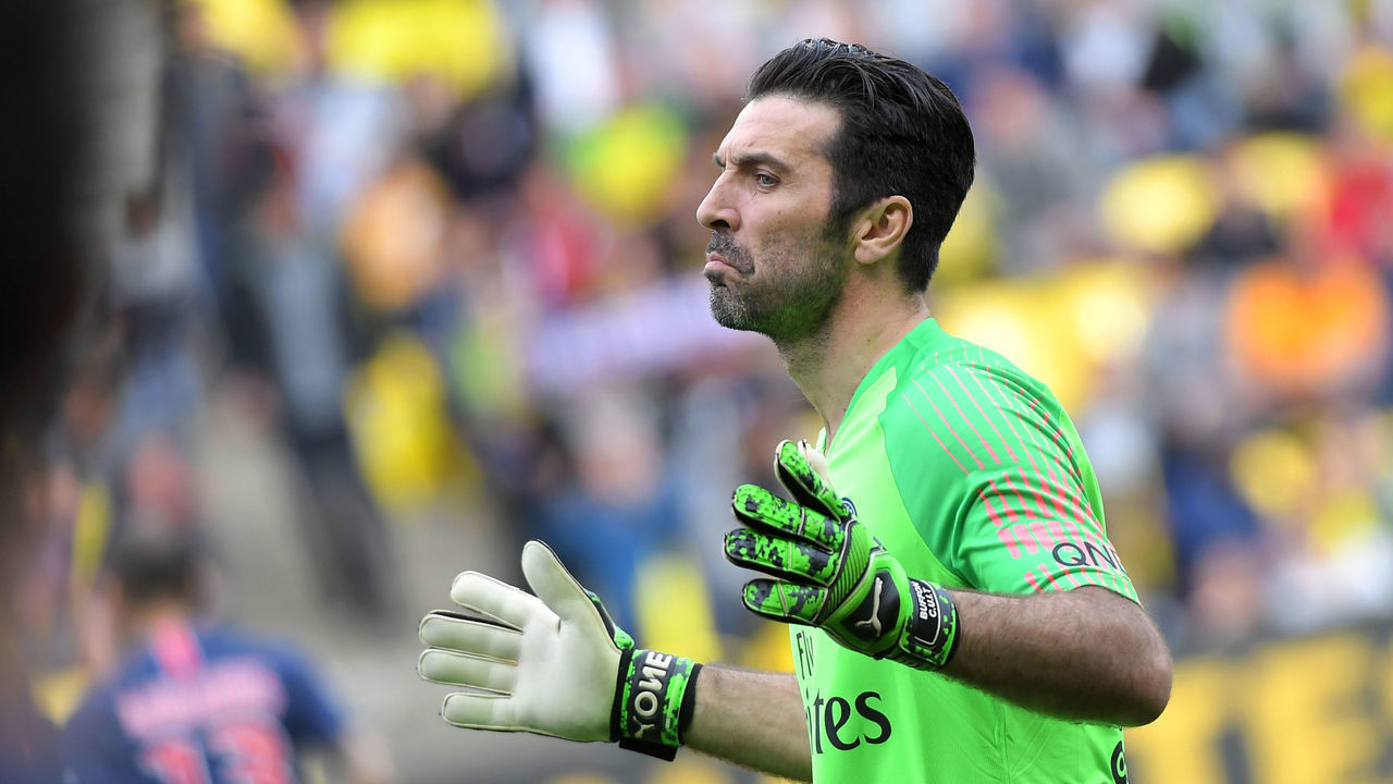 Paris Saint-Germain's Italian goalkeeper Gianluigi Buffon reacts during the French L1 football match between Nantes (FC Nantes) and Paris Saint-Germain (PSG) on April 17, 2019 at the La Beaujoire stadium in Nantes, western France.