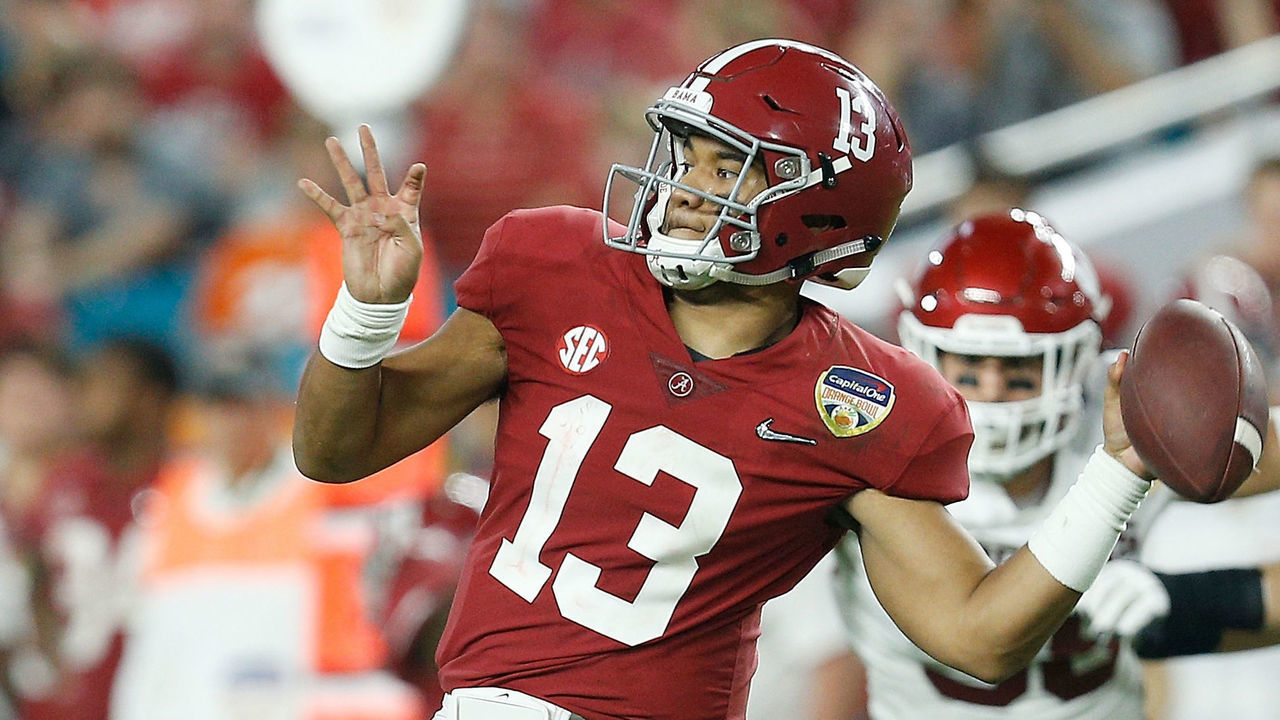 MIAMI, FL - DECEMBER 29: Tua Tagovailoa #13 of the Alabama Crimson Tide in action against the Oklahoma Sooners during the College Football Playoff Semifinal at the Capital One Orange Bowl at Hard Rock Stadium on December 29, 2018 in Miami, Florida.