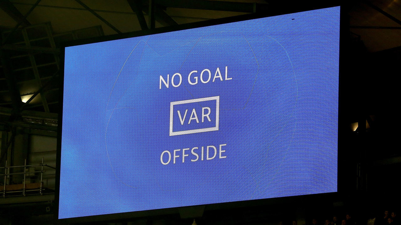 The big screen shows No Goal VAR Offside after Manchester City's Raheem Sterling scores a goal but it is disallowed Manchester City v Tottenham Hotspur - UEFA Champions League - Quarter Final - Second Leg - Etihad Stadium 17-04-2019 .