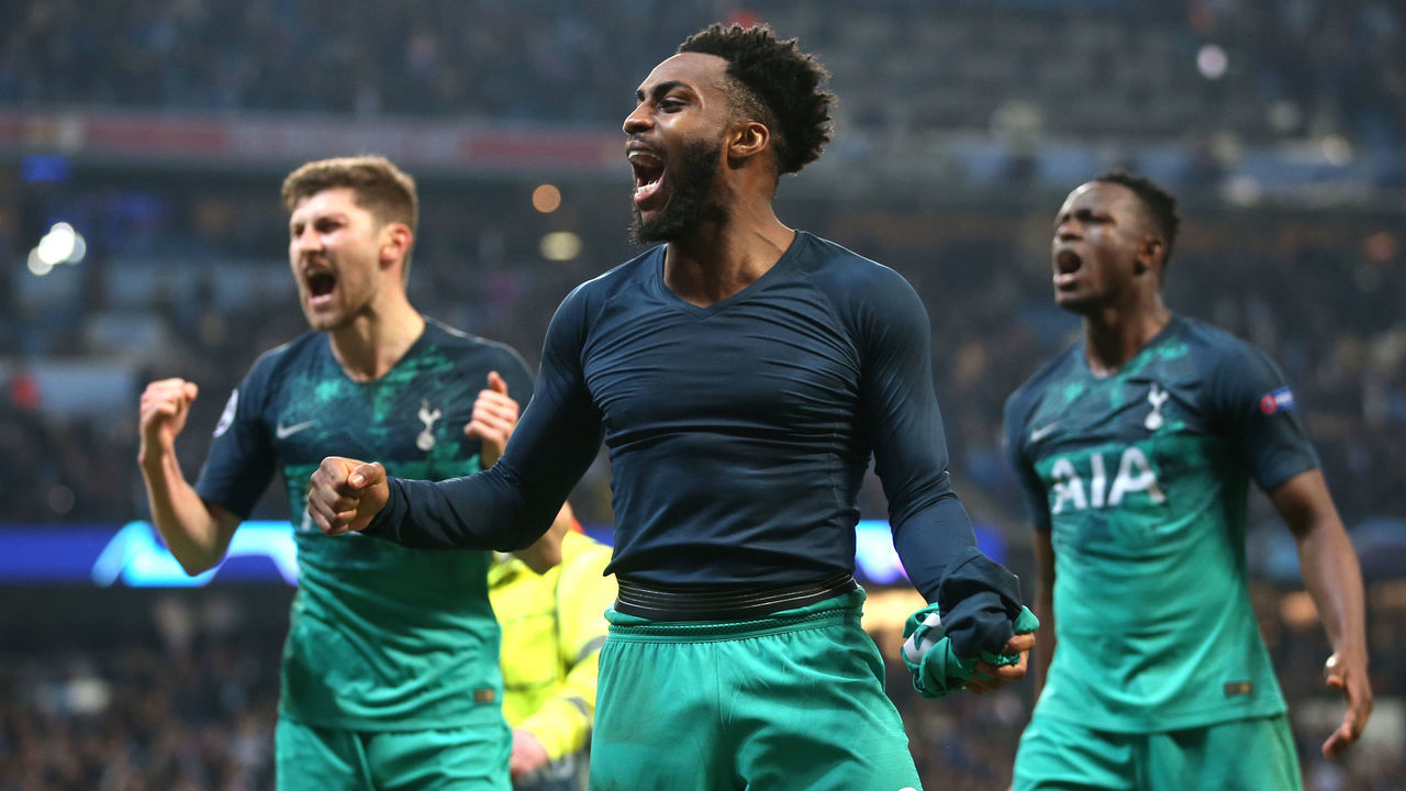 MANCHESTER, ENGLAND - APRIL 17: Danny Rose of Tottenham Hotspur celebrates after during the UEFA Champions League Quarter Final second leg match between Manchester City and Tottenham Hotspur at at Etihad Stadium on April 17, 2019 in Manchester, England.