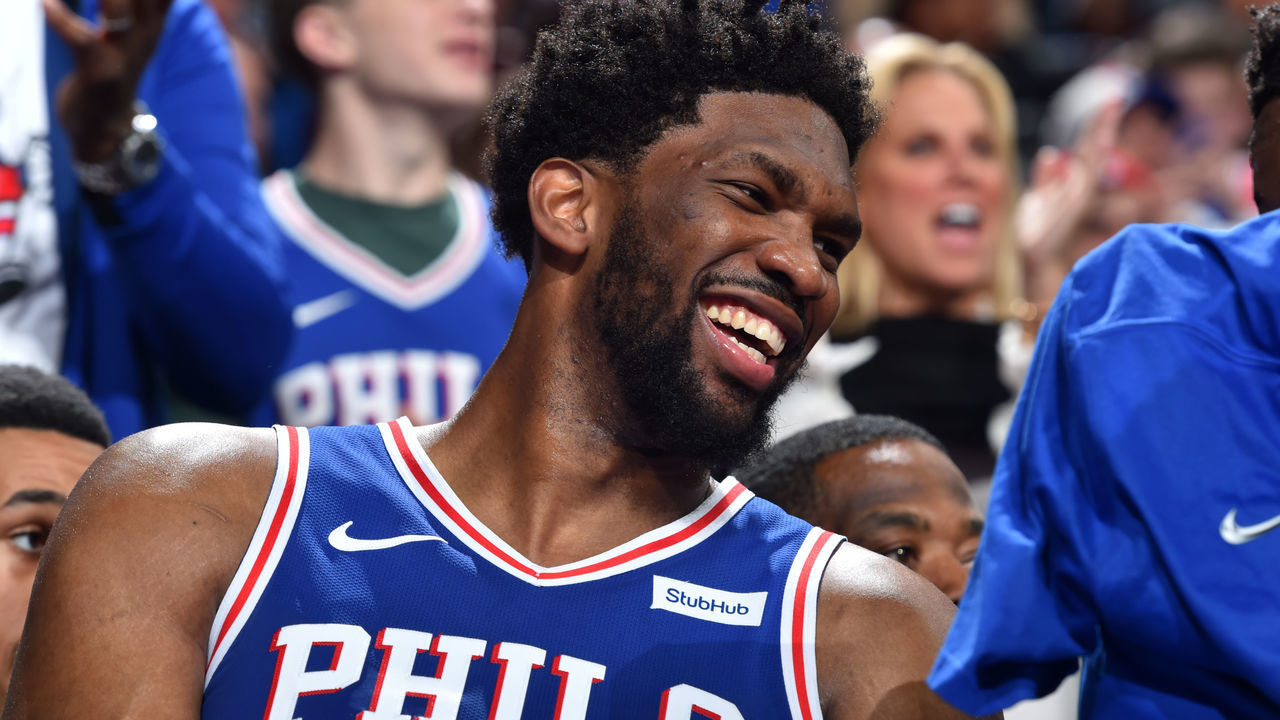 PHILADELPHIA, PA - APRIL 15: Joel Embiid #21 of the Philadelphia 76ers laughs during a game against the Brooklyn Nets during Game Two of Round One of the 2019 NBA Playoffs on April 15, 2019 at the Wells Fargo Center in Philadelphia, Pennsylvania NOTE TO USER: User expressly acknowledges and agrees that, by downloading and/or using this Photograph, user is consenting to the terms and conditions of the Getty Images License Agreement. Mandatory Copyright Notice: Copyright 2019 NBAE
