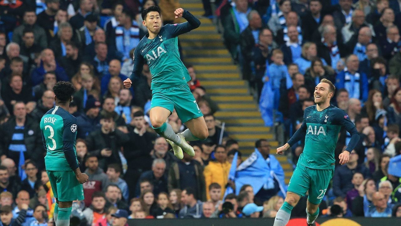 Tottenham Hotspur's South Korean striker Son Heung-Min celebrates scoring his team's second goal during the UEFA Champions League quarter final second leg football match between Manchester City and Tottenham Hotspur at the Etihad Stadium in Manchester, north west England on April 17, 2019. - The match ended 4-4, but Tottenham progress to the semi finals on goal difference.