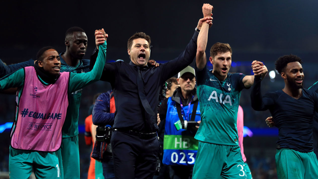 Tottenham Hotspur's Kyle Walker-Peters, manager Mauricio Pochettino, Ben Davies and Danny Rose celebrate after the UEFA Champions League quarter final second leg match at the Etihad Stadium, Manchester.
