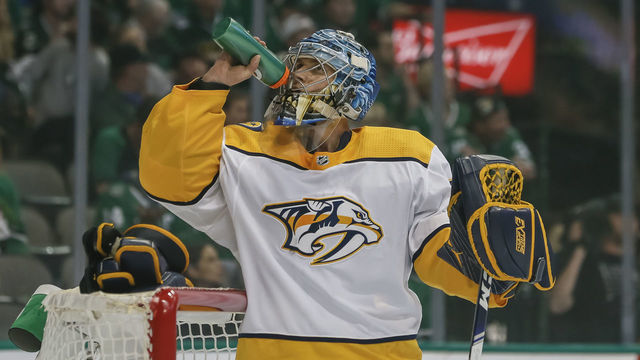 DALLAS, TX - APRIL 15: Nashville Predators goaltender Pekka Rinne (35) takes a water break during the game between the Dallas Stars and the Nashville Predators on April 15, 2019 at the American Airlines Center in Dallas, Texas.