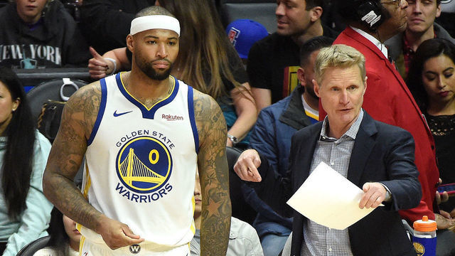 LOS ANGELES, CA - JANUARY 18: Head Coach Steve Kerr of the Golden State Warriors talks with DeMarcus Cousins #0 of the Golden State Warriors during the game against the LA Clippers on January 18, 2019 at STAPLES Center in Los Angeles, California. NOTE TO USER: User expressly acknowledges and agrees that, by downloading and/or using this Photograph, user is consenting to the terms and conditions of the Getty Images License Agreement. Mandatory Copyright Notice: Copyright 2019 NBAE