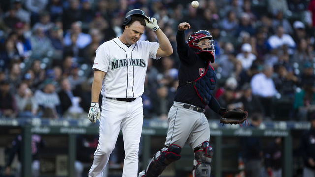 SEATTLE, WA - APRIL 17: Jay Bruce #32 of the Seattle Mariners takes off his helmet after striking out to end the sixth inning against the Cleveland Indians at T-Mobile Park on April 17, 2019 in Seattle, Washington.