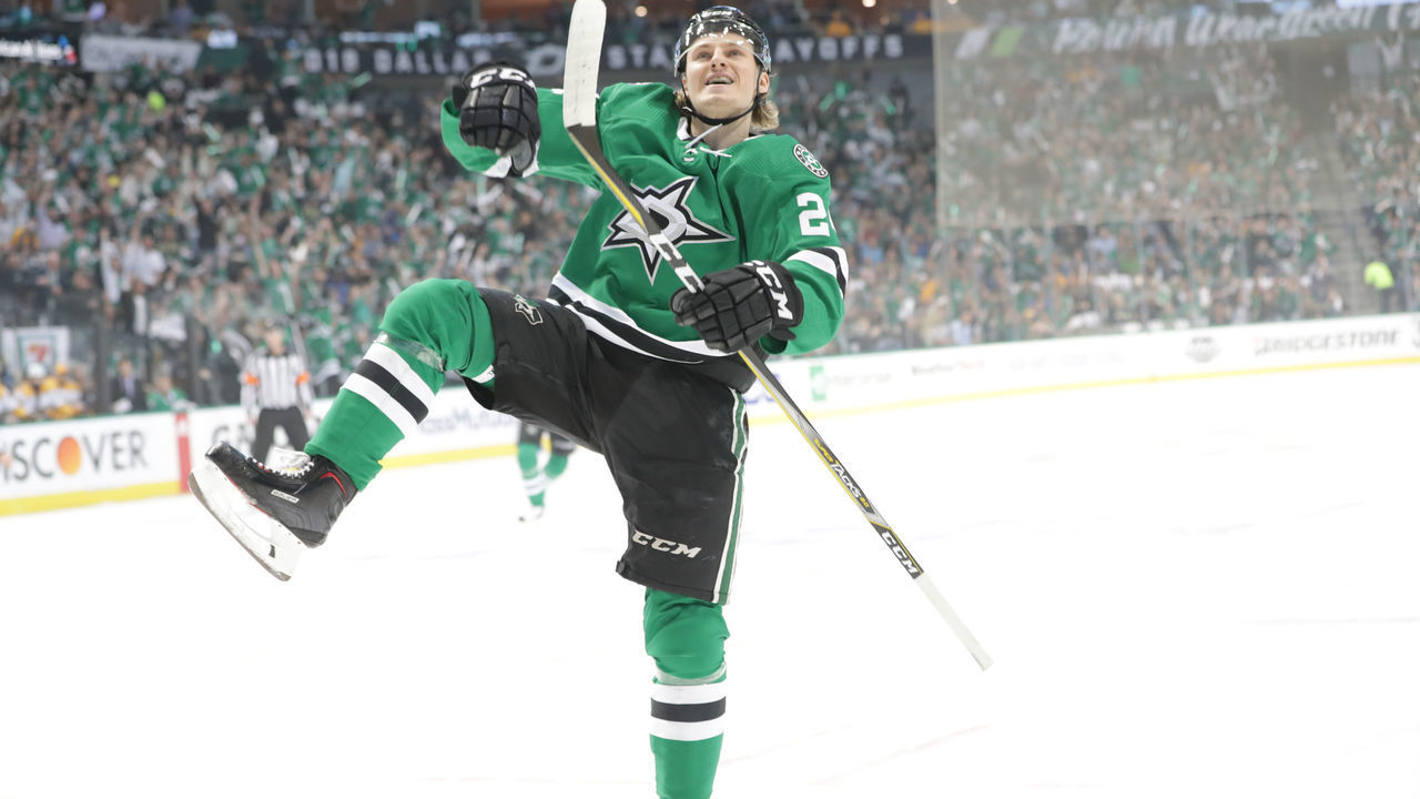 DALLAS, TX - APRIL 17: Roope Hintz #24 of the Dallas Stars celebrates a goal against the Nashville Predators in Game Four of the Western Conference First Round during the 2019 NHL Stanley Cup Playoffs at the American Airlines Center on April 17, 2019 in Dallas, Texas.
