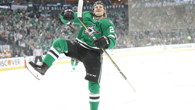 DALLAS, TX - APRIL 17: Roope Hintz #24 of the Dallas Stars celebrates a goal against the Nashville Predators in Game Four of the Western Conference First Round during the 2019 NHL Stanley Cup Playoffs at the American Airlines Center on April 17, 2019 in Dallas, Texas.