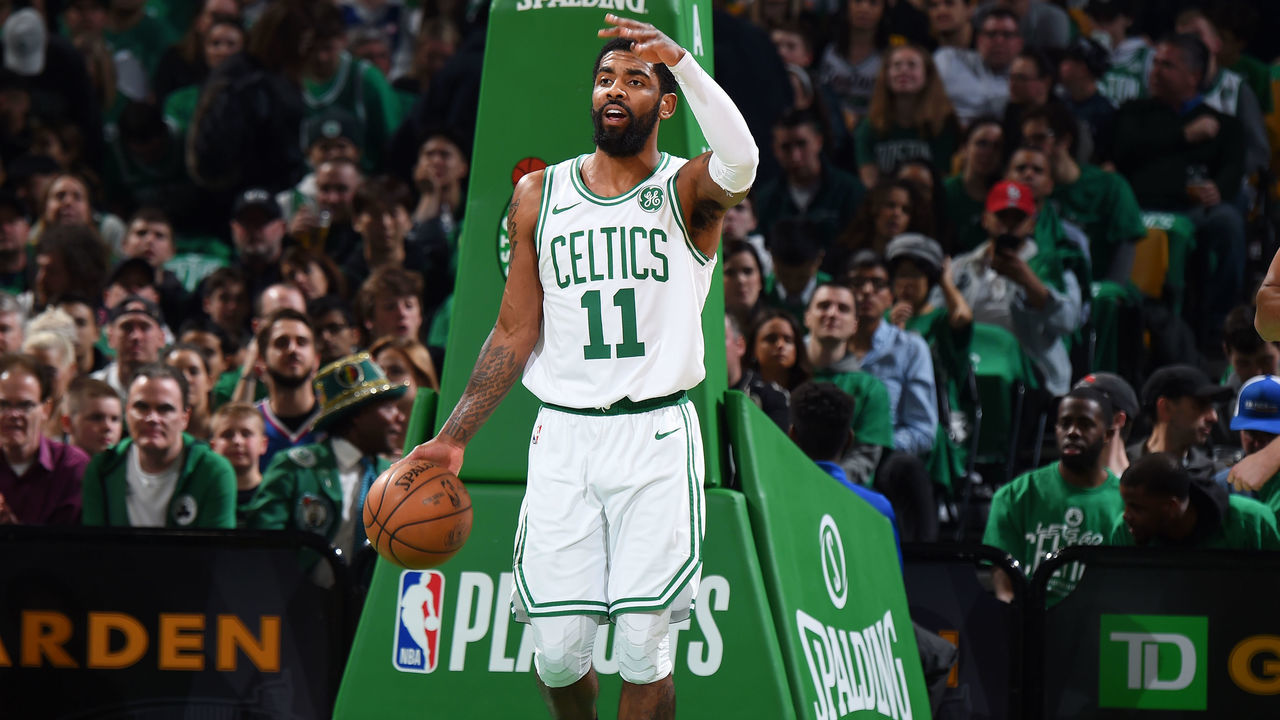 BOSTON, MA - APRIL 17: Kyrie Irving #11 of the Boston Celtics sets up the offense against the Indiana Pacers in Game Two of Round One of the 2019 NBA Playoffs against the Boston Celtics on April 17, 2019 at the TD Garden in Boston, Massachusetts. Mandatory Copyright Notice: Copyright 2019 NBAE
