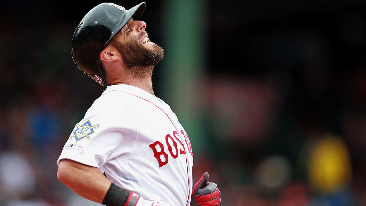 BOSTON, MA. - APRIL 15: Dustin Pedroia #15 of the Boston Red Sox reacts after flying out during the third inning of the MLB game against the Baltimore Orioles at Fenway Park on April 15, 2019 in Boston, Massachusetts.