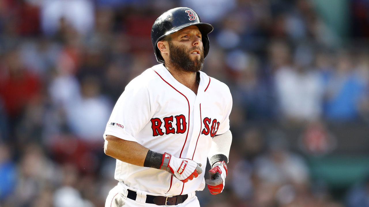 BOSTON, MASSACHUSETTS - APRIL 13: Dustin Pedroia #15 of the Boston Red Sox takes first base in the bottom of the seventh inning of the game against the Baltimore Orioles at Fenway Park on April 13, 2019 in Boston, Massachusetts.