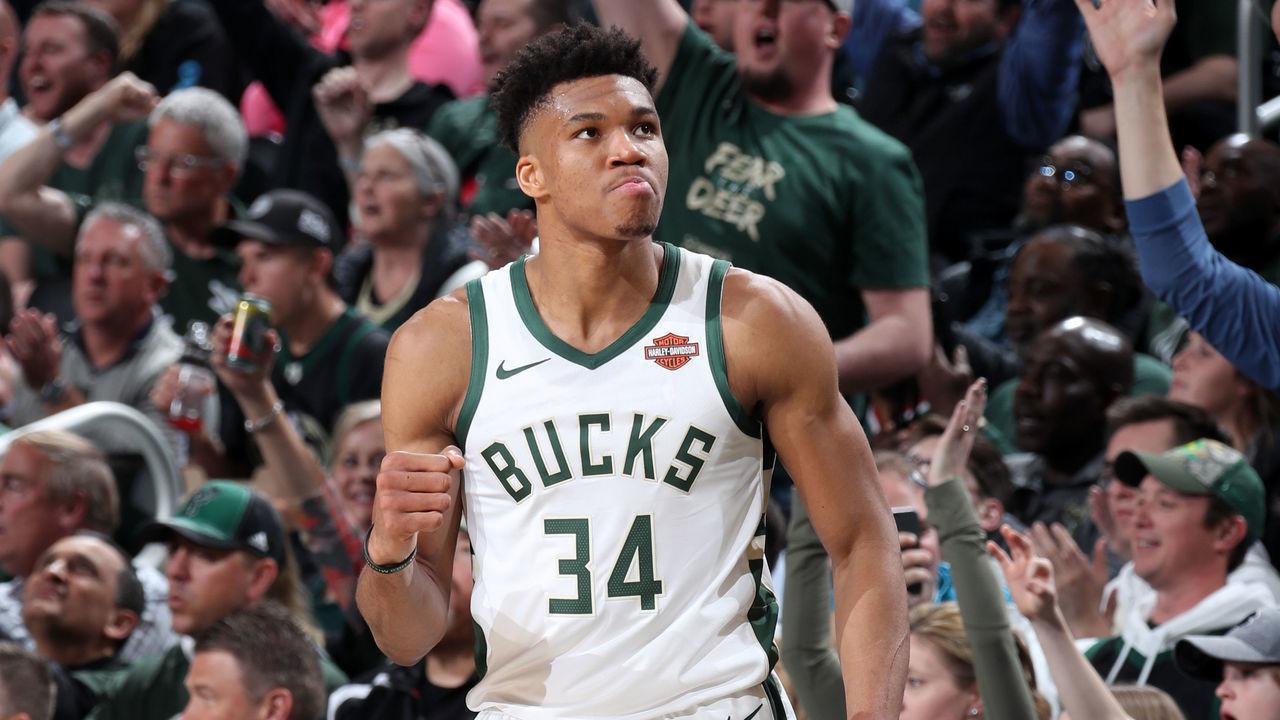 MILWAUKEE, WI - APRIL 17: Giannis Antetokounmpo #34 of the Milwaukee Bucks reacts to a play against the Detroit Pistons during Game Two of Round One of the 2019 NBA Playoffs on April 17, 2019 at the Fiserv Forum in Milwaukee, Wisconsin. NOTE TO USER: User expressly acknowledges and agrees that, by downloading and/or using this photograph, user is consenting to the terms and conditions of the Getty Images License Agreement. Mandatory Copyright Notice: Copyright 2019 NBAE