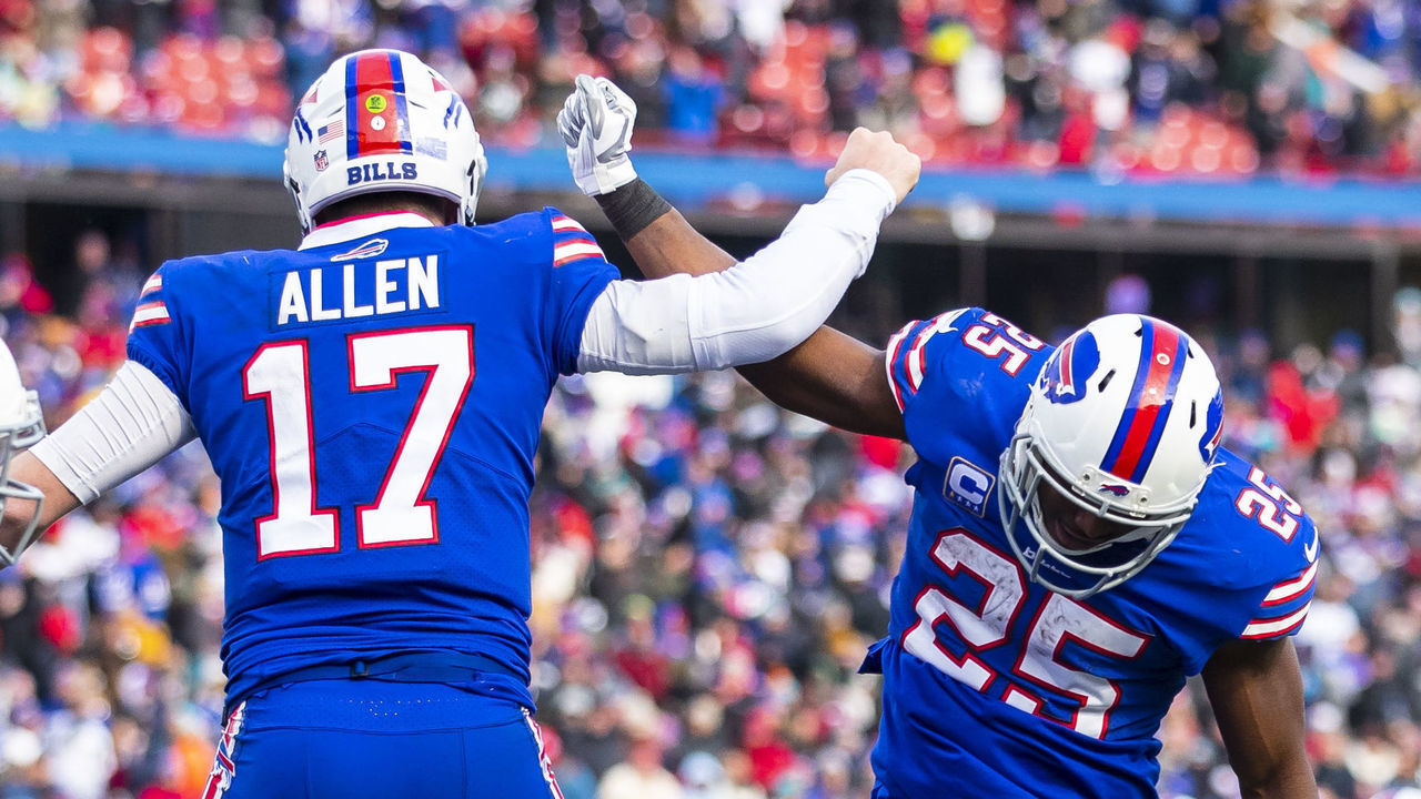 ORCHARD PARK, NY - DECEMBER 30: LeSean McCoy #25 of the Buffalo Bills celebrates his touchdown with Josh Allen #17 during the third quarter against the Miami Dolphins at New Era Field on December 30, 2018 in Orchard Park, New York. Buffalo defeats Miami 42-17.