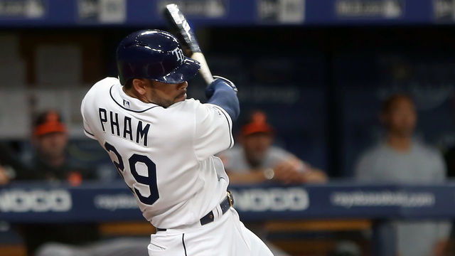 ST. PETERSBURG, FL - APR 17: Tommy Pham (29) of the Rays at bat during the MLB regular season game between the Baltimore Orioles and the Tampa Bay Rays on April 17, 2019, at Tropicana Field in St. Petersburg, FL.