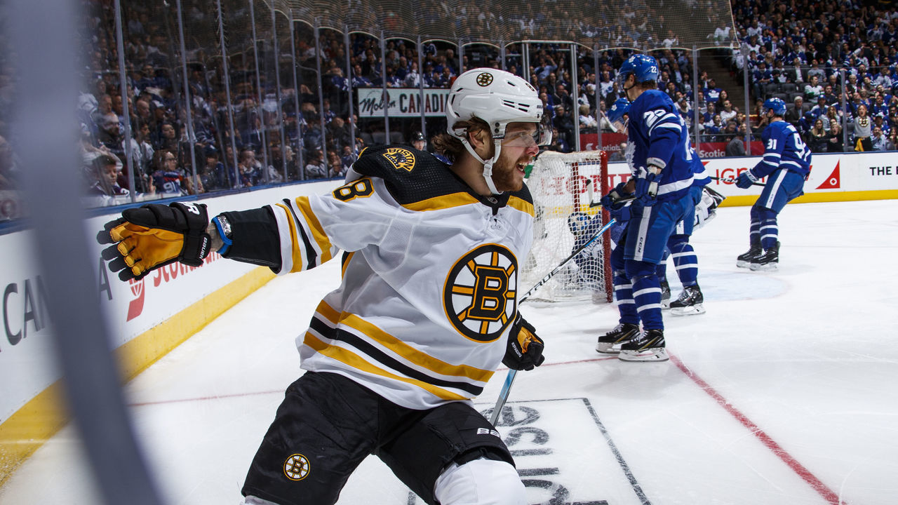 TORONTO, ON - APRIL 17: David Pastrnak #88 of the Boston Bruins celebrates his goal against the Toronto Maple Leafs during the second period during Game Four of the Eastern Conference First Round during the 2019 NHL Stanley Cup Playoffs at the Scotiabank Arena on April 17, 2019 in Toronto, Ontario, Canada.