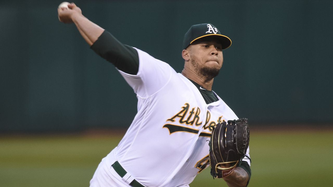 OAKLAND, CA - APRIL 17: Oakland Athletics Pitcher Frankie Montas (47) delivers in the top of the first inning during the Major League Baseball game between the Houston Astros and the Oakland Athletics at Oakland-Alameda County Coliseum on April 17, 2019 in Oakland, CA.